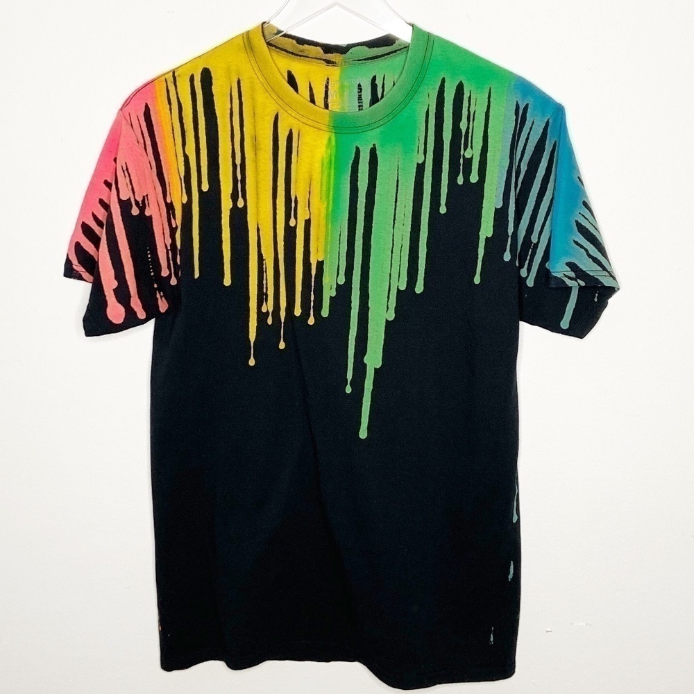 Upcycled Black Tee with Florescent Dye Drips